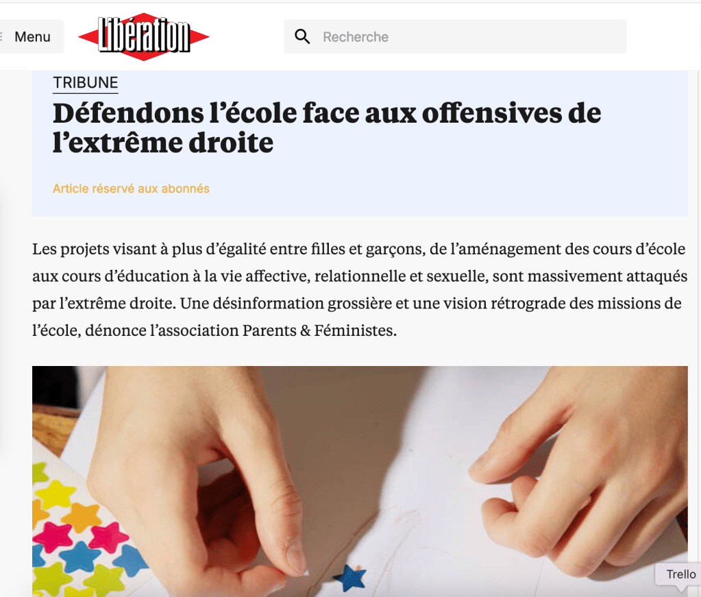 capture d'écran du site libération de la tribune "défendons l'école face aux offensives de l'extrême droite"